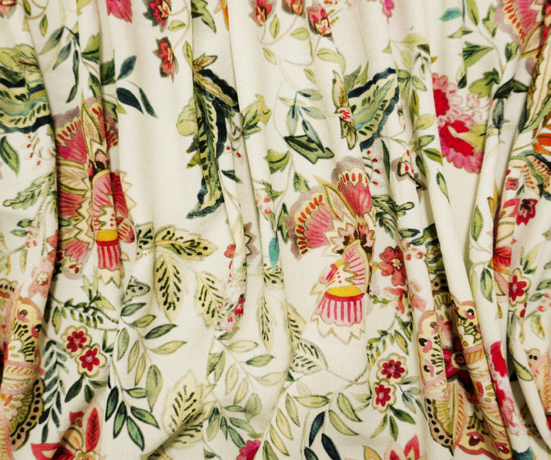 Ivory-Multi Famous Designer Viscose Floral Printed Crepe Faille Woven Fabric