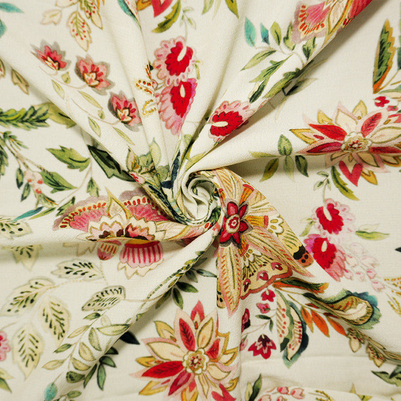 Ivory-Multi Famous Designer Viscose Floral Printed Crepe Faille Woven Fabric