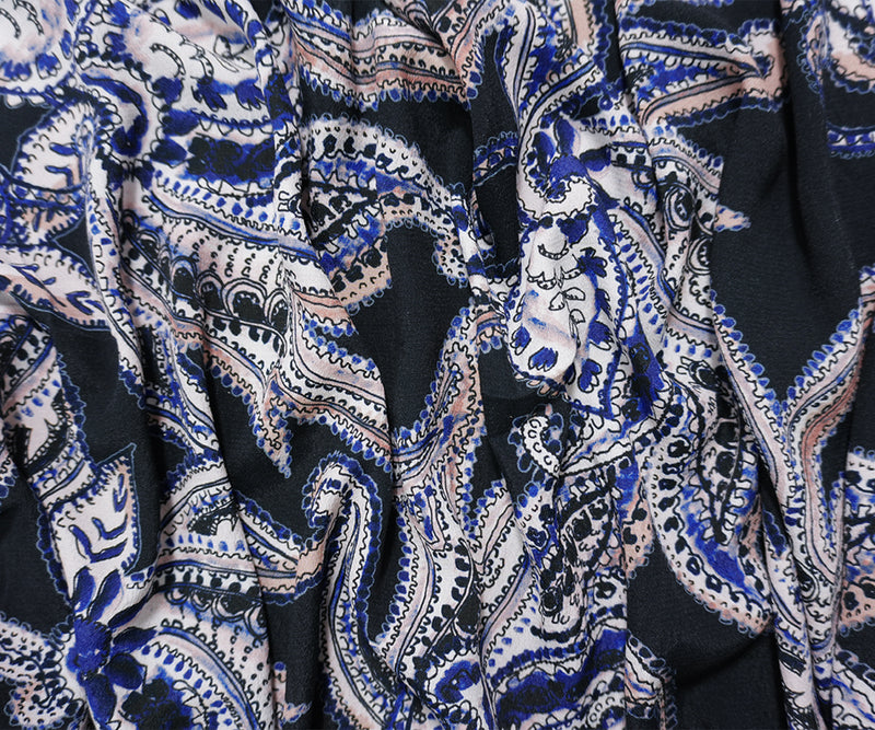 Black-Blue Famous Designer Viscose Paisley Crepe Faille Fabric