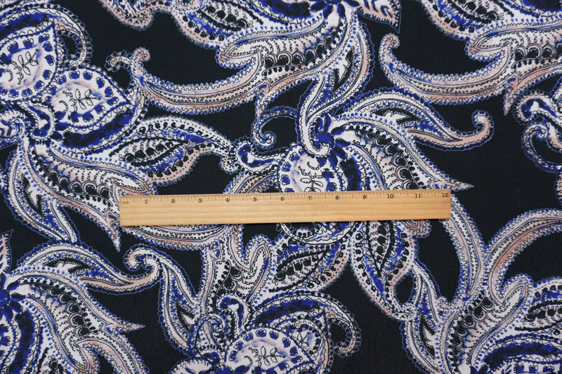 Black-Blue Famous Designer Viscose Paisley Crepe Faille Fabric