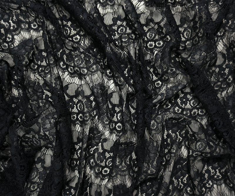 Black Famous Designer Poly Floral Raschel Lace Knit Fabric