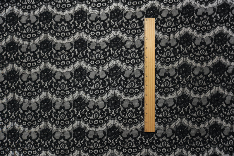 Black Famous Designer Poly Floral Raschel Lace Knit Fabric