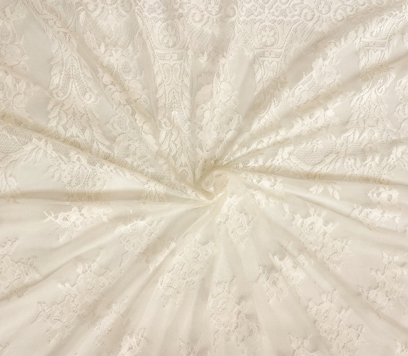 White Famous Designer Poly Floral PANEL Raschel Lace Knit Fabric