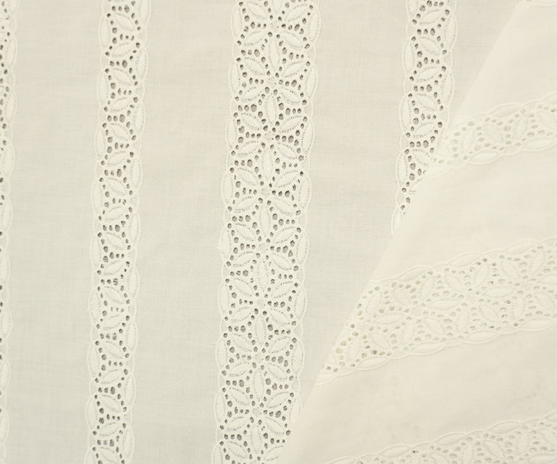 White Famous Designer Cotton Floral Stripe Embroidered Eyelet Voile Woven Fabric