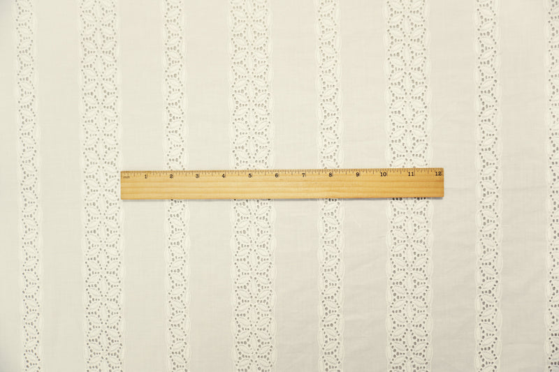 White Famous Designer Cotton Floral Stripe Embroidered Eyelet Voile Woven Fabric