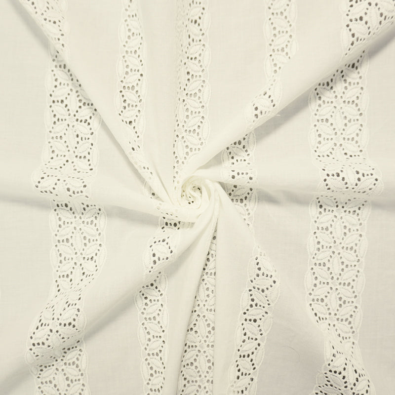 White Famous Designer Cotton Floral Stripe Embroidered Eyelet Voile Woven Fabric