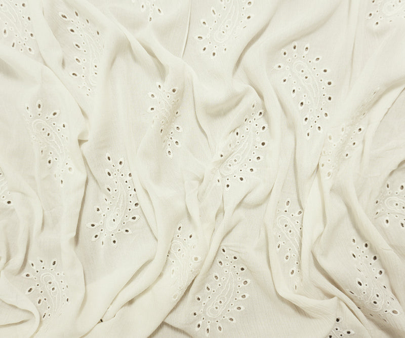 White Designer Rayon Paisley Embroidered Eyelet Gauze Fabric