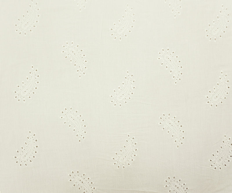 White Designer Rayon Paisley Embroidered Eyelet Gauze Fabric