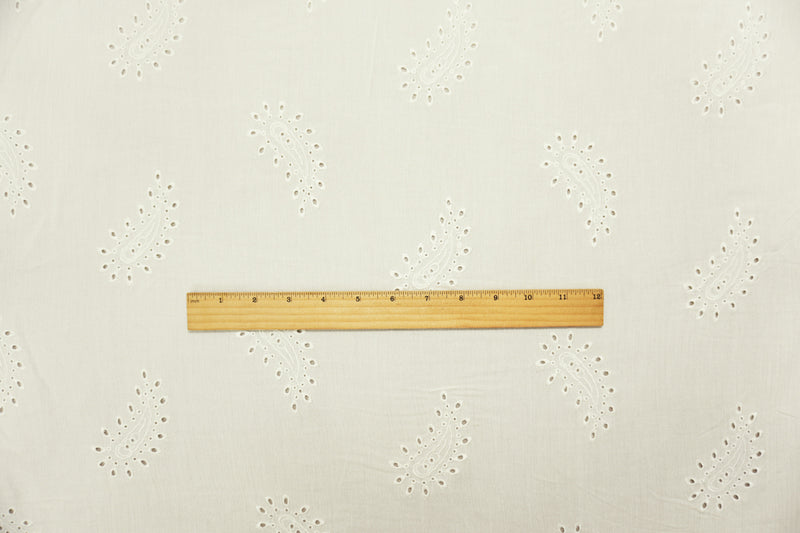 White Designer Rayon Paisley Embroidered Eyelet Gauze Fabric