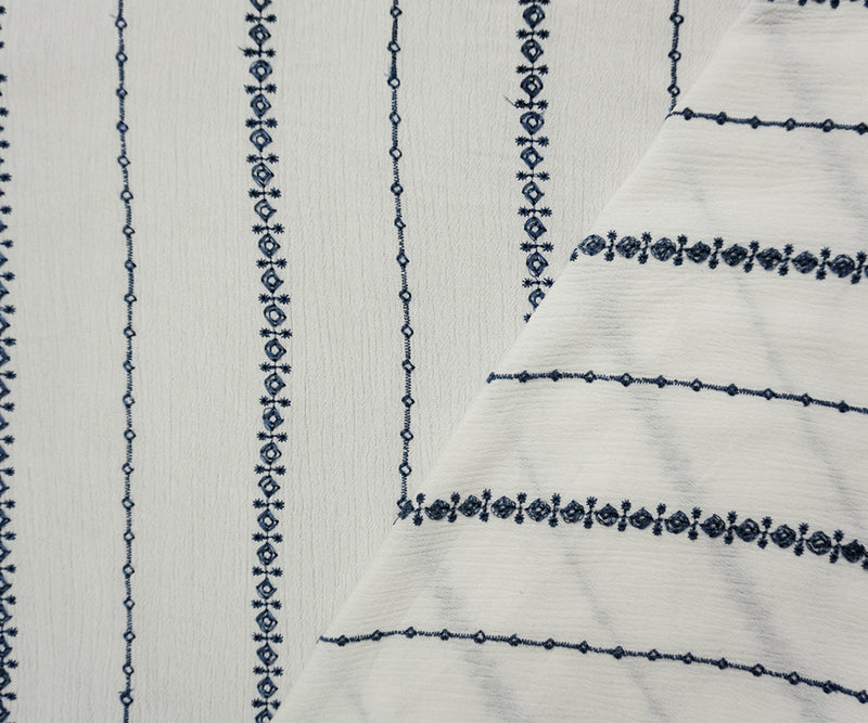 White-Blue Designer Rayon Stripe Embroidered Gauze Woven Fabric