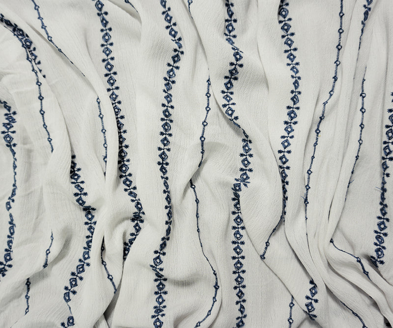 White-Blue Designer Rayon Stripe Embroidered Gauze Woven Fabric