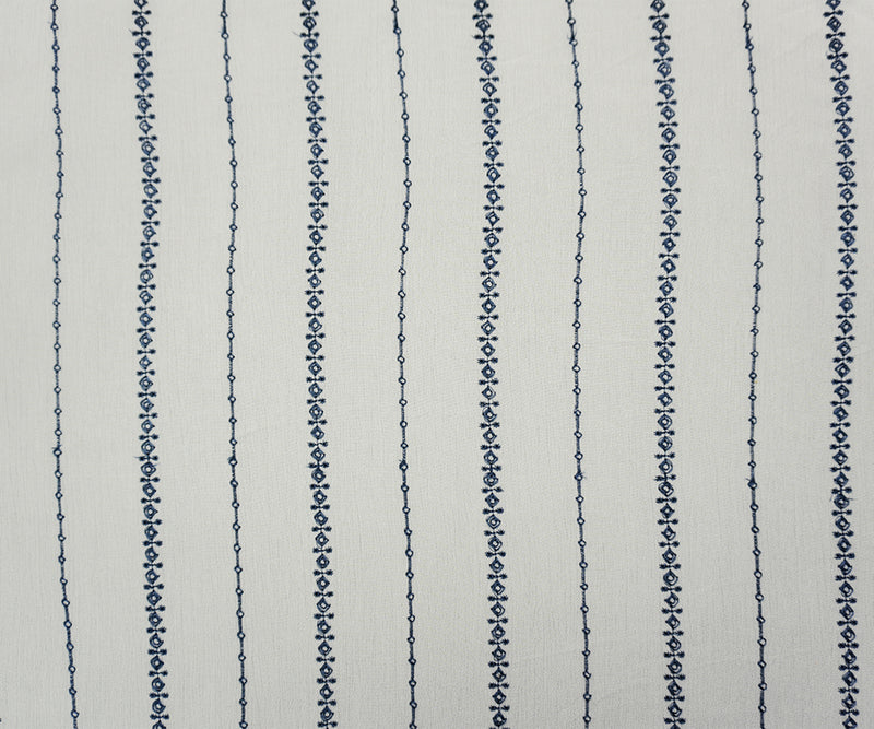 White-Blue Designer Rayon Stripe Embroidered Gauze Woven Fabric