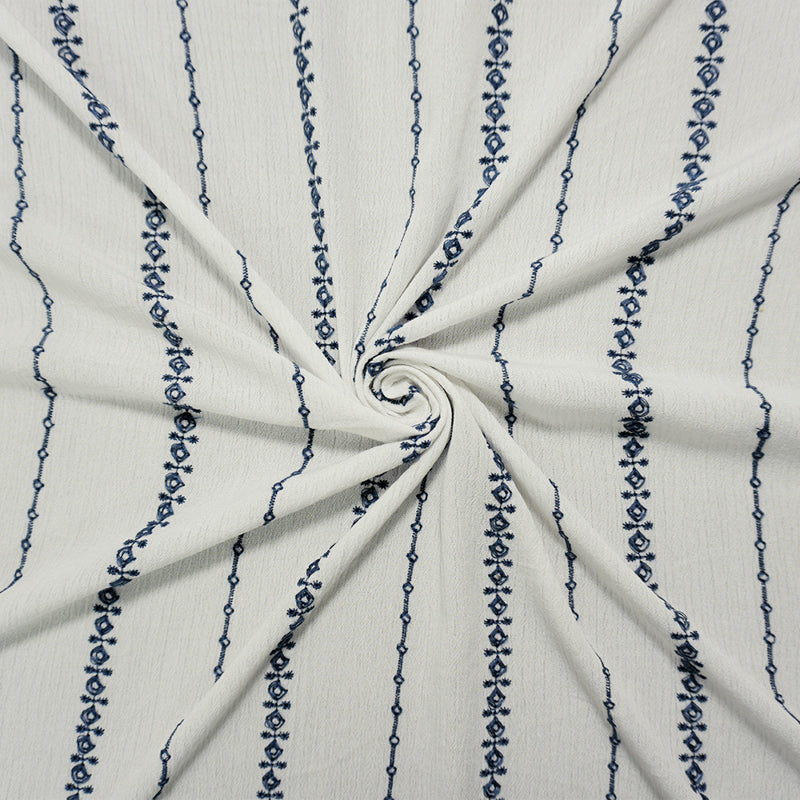 White-Blue Designer Rayon Stripe Embroidered Gauze Woven Fabric