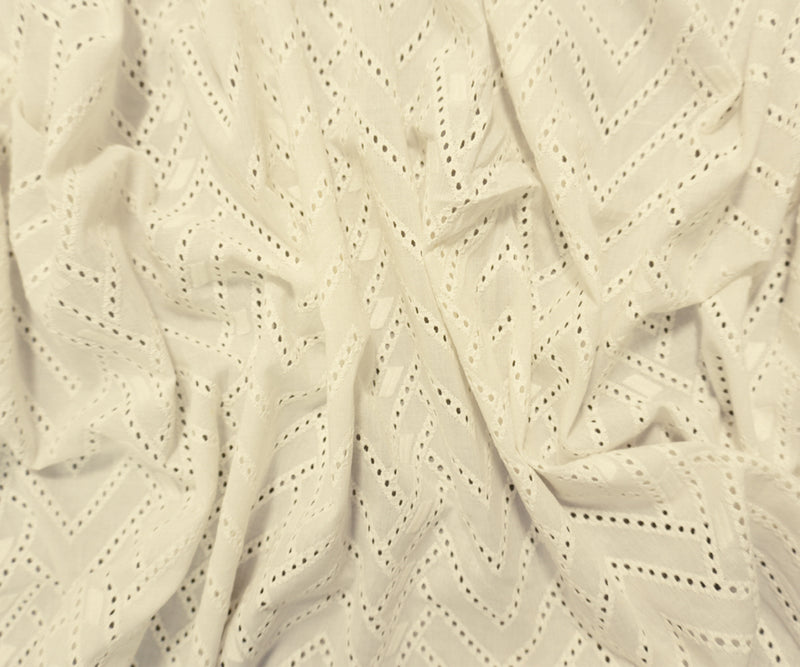 White Designer Cotton Chevron Embroidered Eyelet Voile Fabric