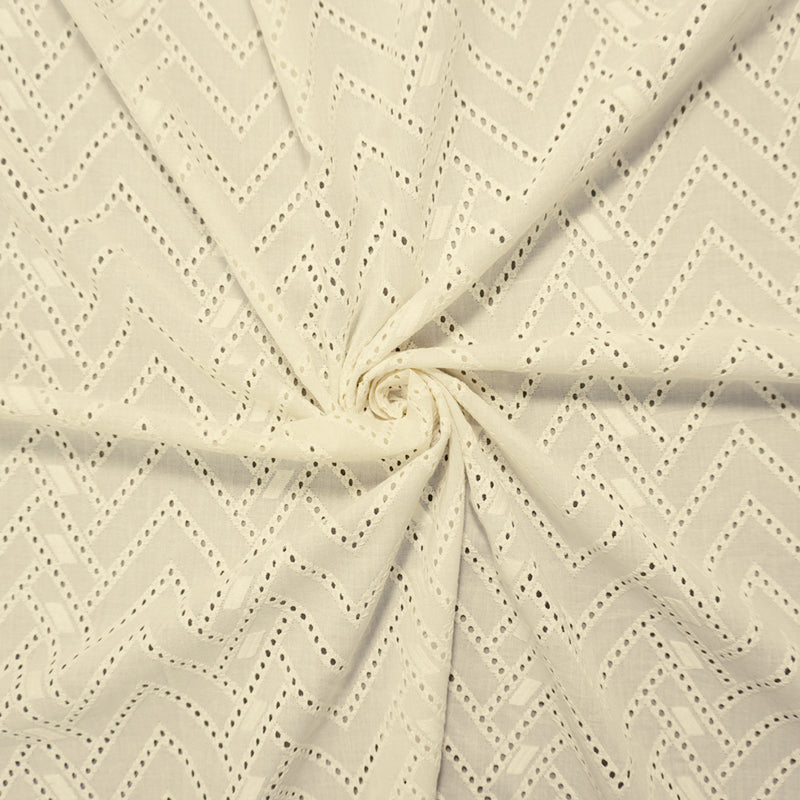 White Designer Cotton Chevron Embroidered Eyelet Voile Fabric