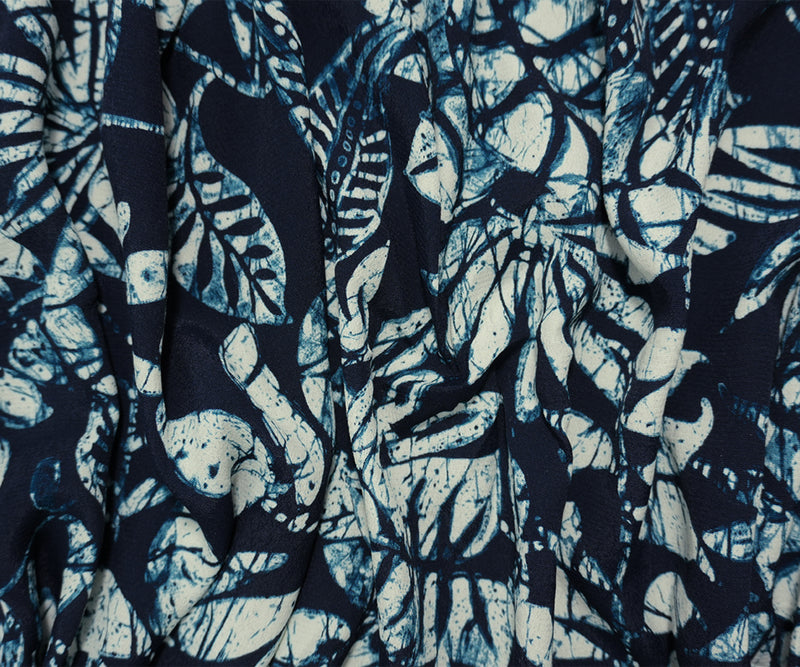 Blue-White Famous Designer Viscose Leaves Crepe Faille Fabric