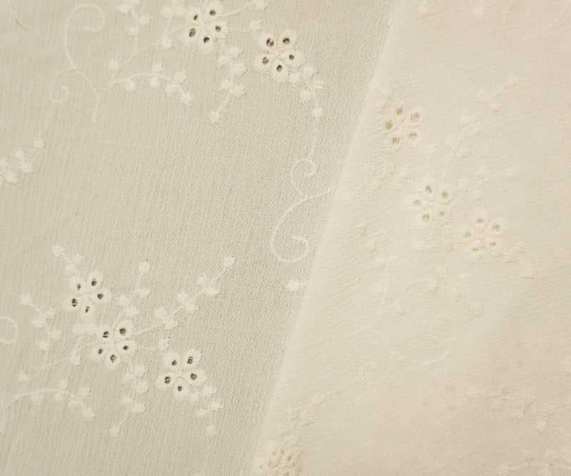 Off-White Designer Rayon Floral Embroidered Eyelet Gauze Fabric