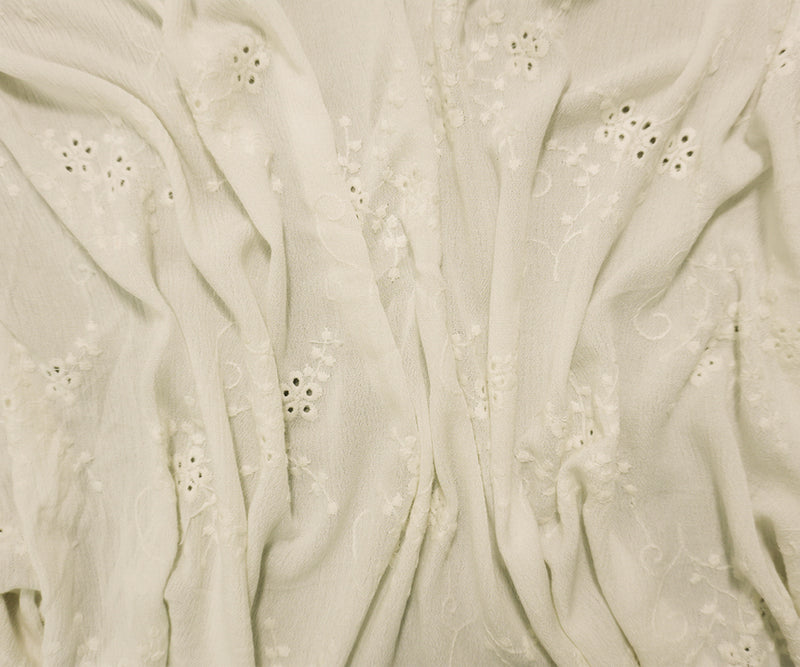 Off-White Designer Rayon Floral Embroidered Eyelet Gauze Fabric