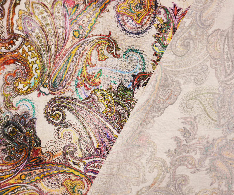 White-Multi Famous Designer Viscose Paisley Print Crepe Faille Woven Fabric
