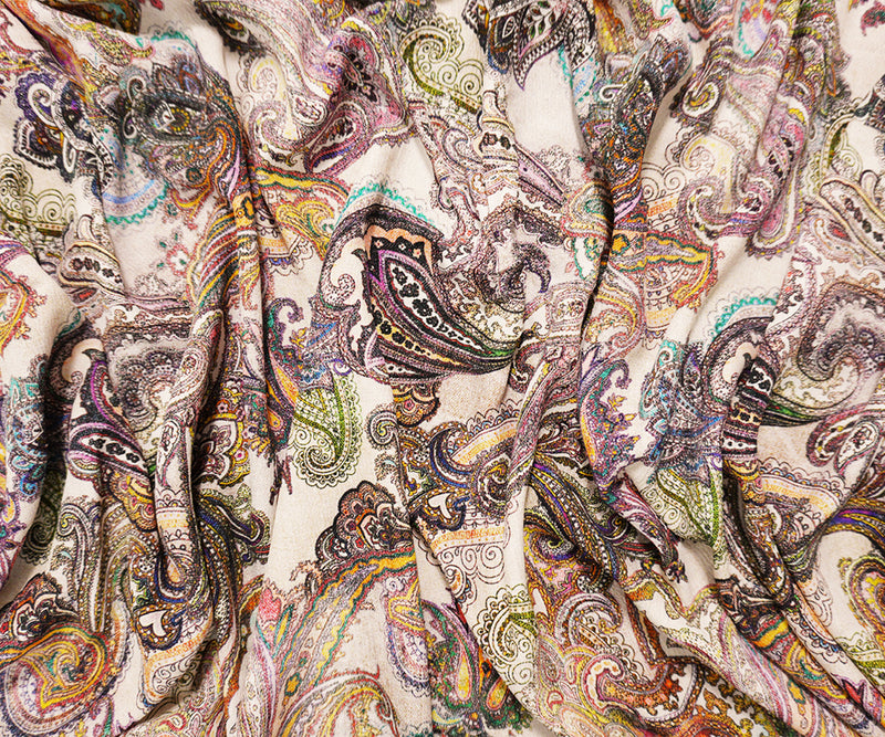 White-Multi Famous Designer Viscose Paisley Print Crepe Faille Woven Fabric