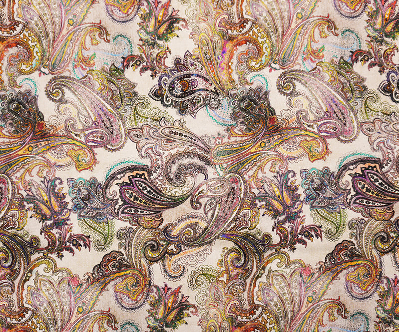 White-Multi Famous Designer Viscose Paisley Print Crepe Faille Woven Fabric
