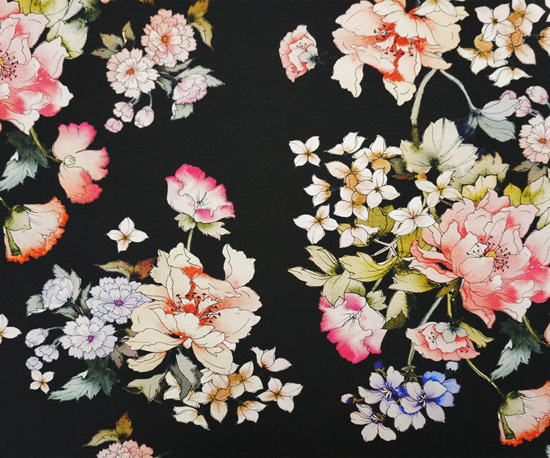 Black-Brown-Multi Famous Designer Rayon Floral Jersey Knit Fabric