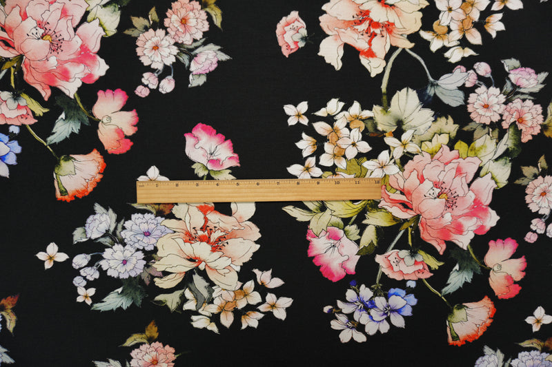 Black-Brown-Multi Famous Designer Rayon Floral Jersey Knit Fabric