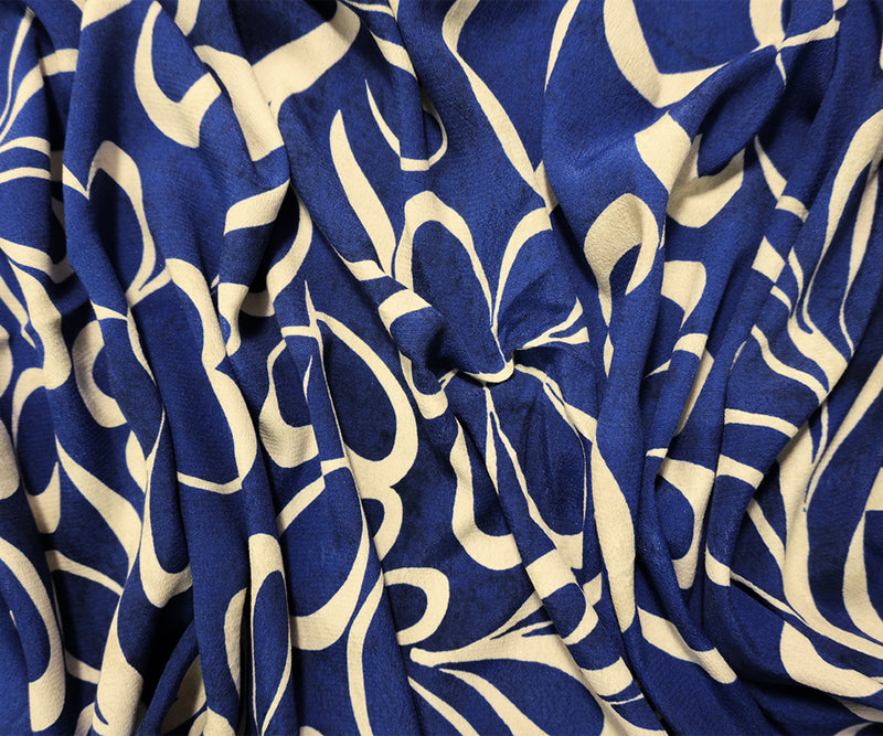 Blue-Beige Famous Designer Viscose Floral Crepe Faille Fabric