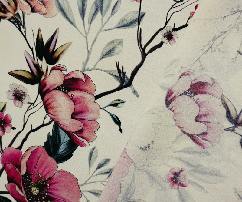 White-Multi Famous Designer Viscose Floral Crepe Faille Fabric