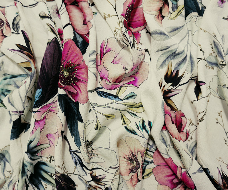 White-Multi Famous Designer Viscose Floral Crepe Faille Fabric