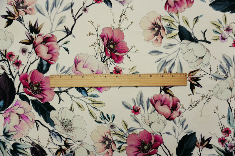 White-Multi Famous Designer Viscose Floral Crepe Faille Fabric