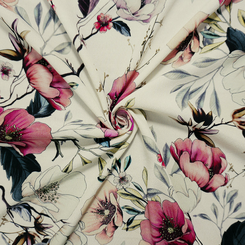 White-Multi Famous Designer Viscose Floral Crepe Faille Fabric