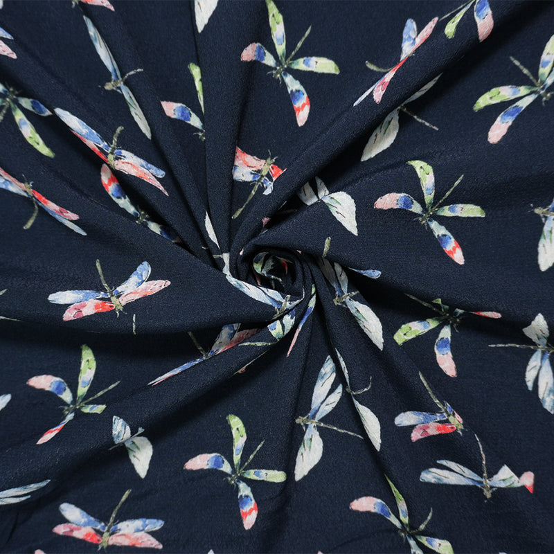 Deep Navy-Multi Designer Viscose Dragonfly Crepe Faille Fabric
