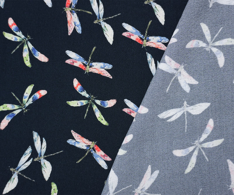 Deep Navy-Multi Designer Viscose Dragonfly Crepe Faille Fabric