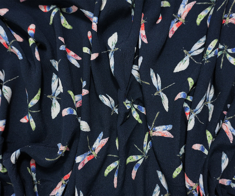 Deep Navy-Multi Designer Viscose Dragonfly Crepe Faille Fabric