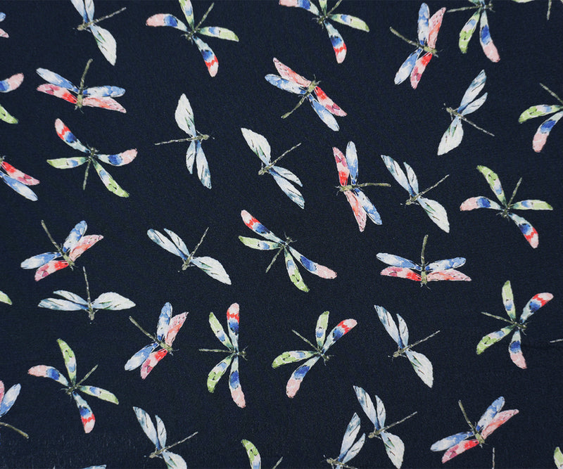 Deep Navy-Multi Designer Viscose Dragonfly Crepe Faille Fabric