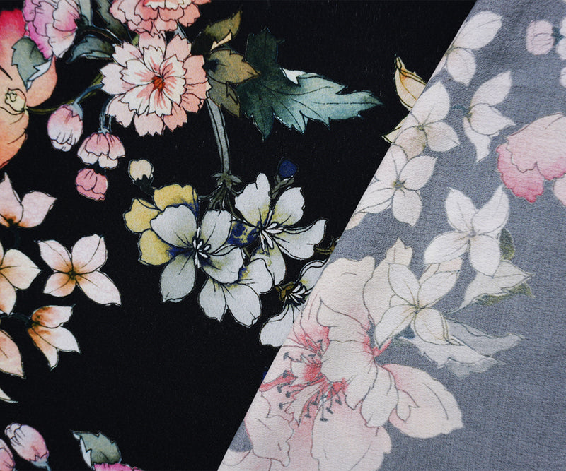 Black-Multi Famous Designer Viscose Floral Crepe Faille Fabric