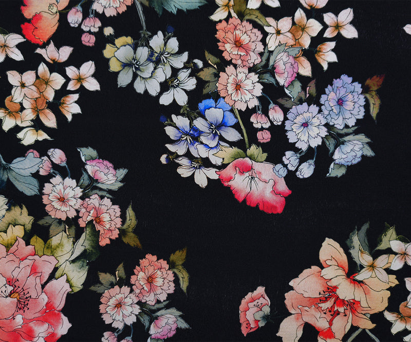 Black-Multi Famous Designer Viscose Floral Crepe Faille Fabric