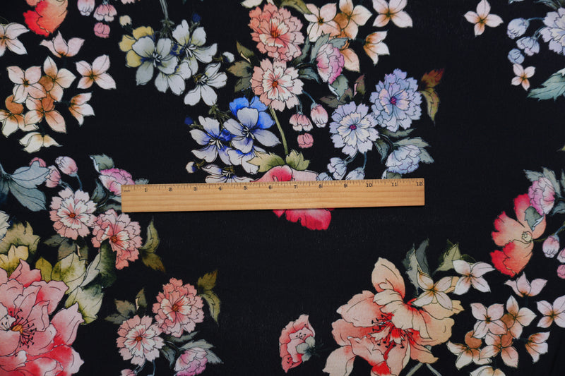 Black-Multi Famous Designer Viscose Floral Crepe Faille Fabric
