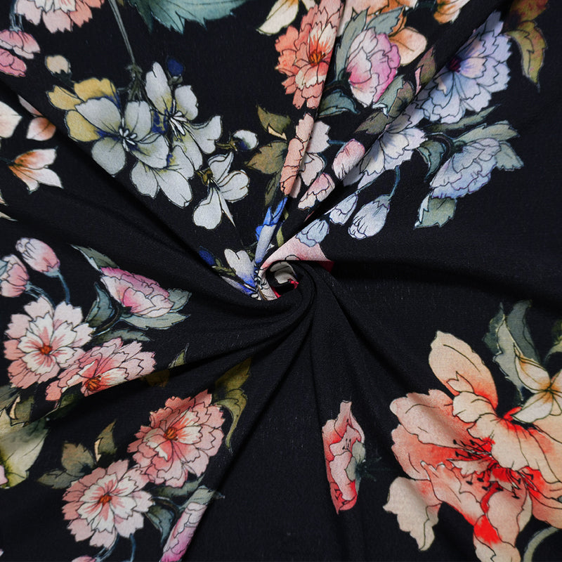 Black-Multi Famous Designer Viscose Floral Crepe Faille Fabric
