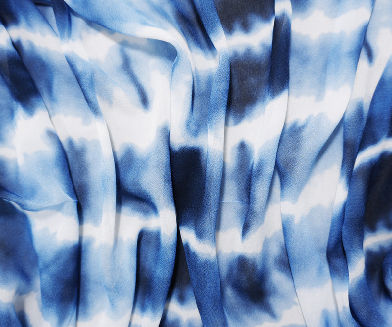 Blue-White Famous Designer Viscose Tie Dye Georgette Woven Fabric