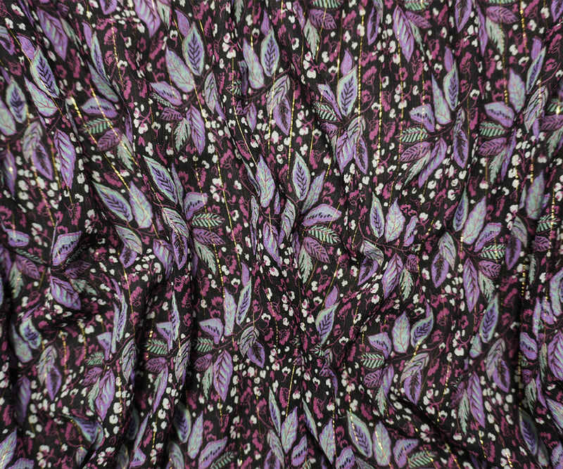 Black-Gold Famous Designer Viscose Silk Leaves Crinkled Chiffon Fabric