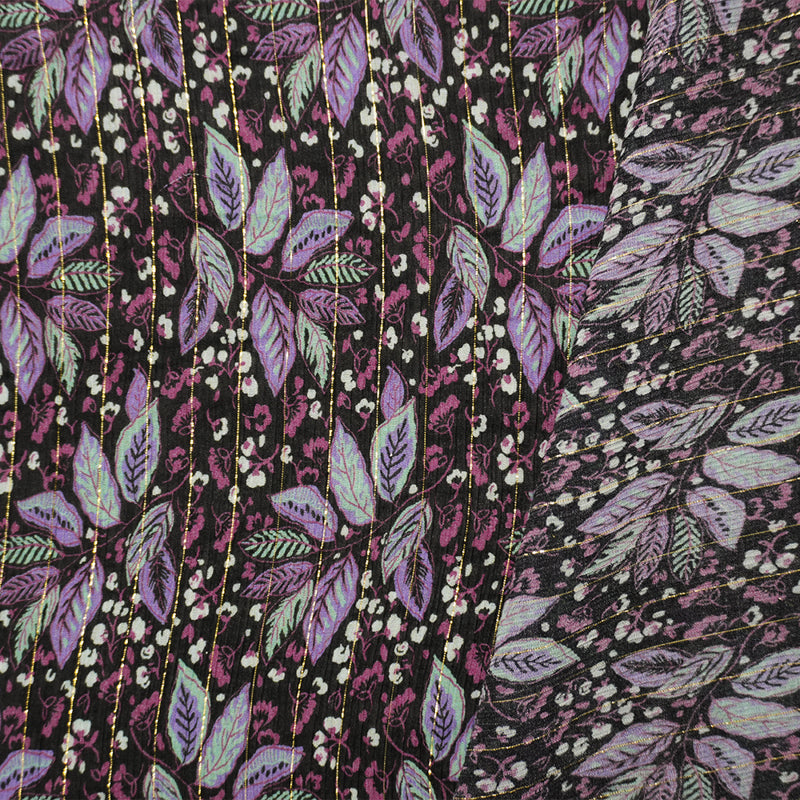 Black-Gold Famous Designer Viscose Silk Leaves Crinkled Chiffon Fabric