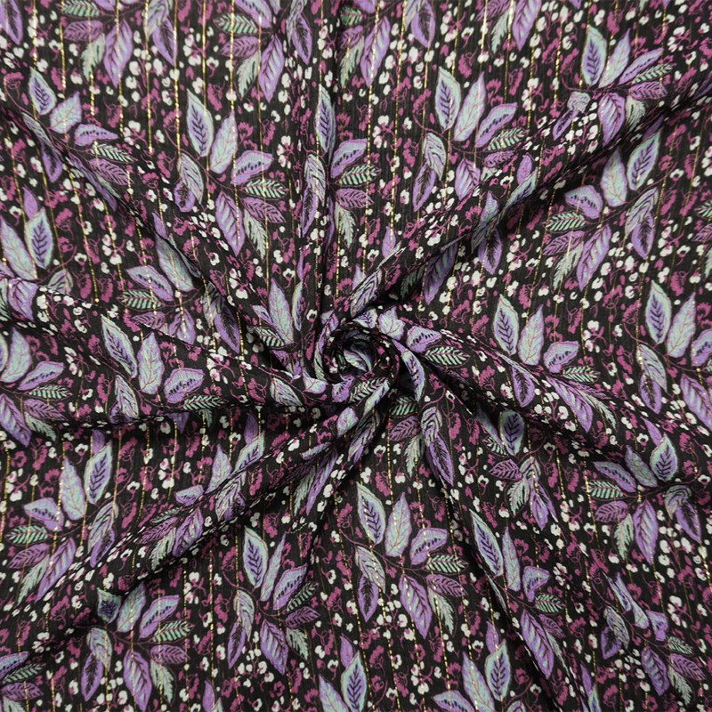 Black-Gold Famous Designer Viscose Silk Leaves Crinkled Chiffon Fabric