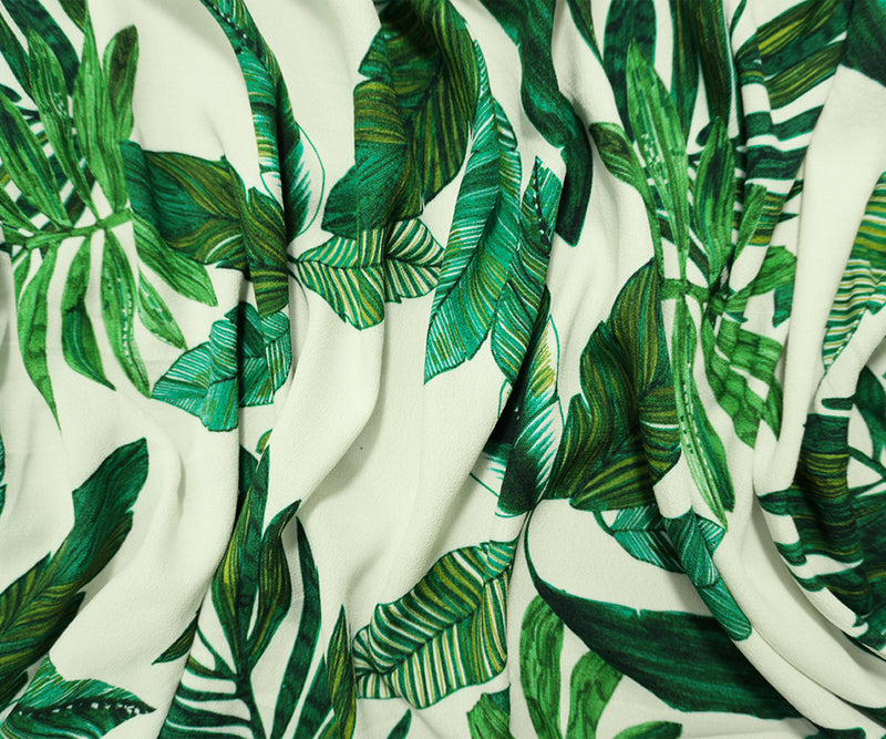 White-Green Famous Designer Viscose Leaves Crepe Faille Fabric