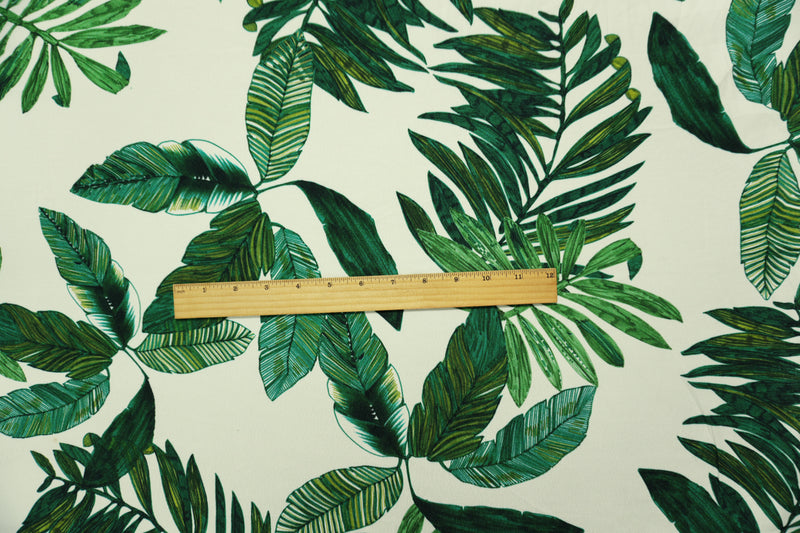 White-Green Famous Designer Viscose Leaves Crepe Faille Fabric