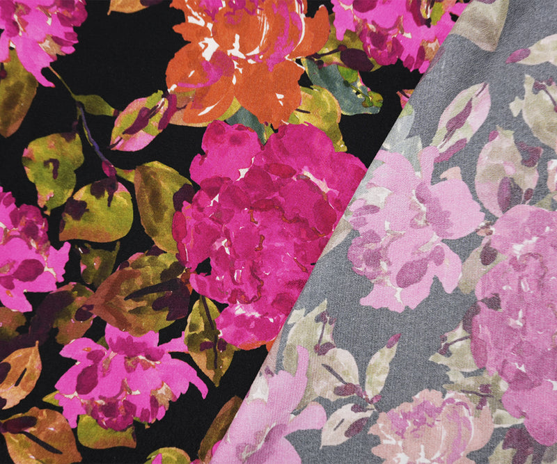 Black-Pink Famous Designer Viscose Floral Crepe Faille Fabric