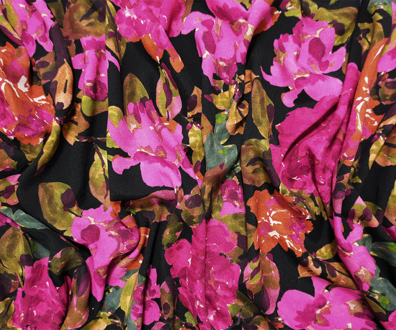 Black-Pink Famous Designer Viscose Floral Crepe Faille Fabric