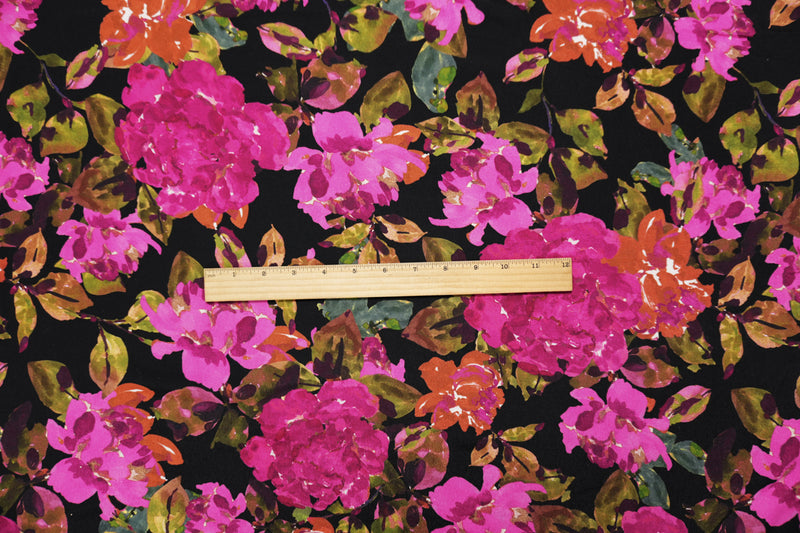Black-Pink Famous Designer Viscose Floral Crepe Faille Fabric