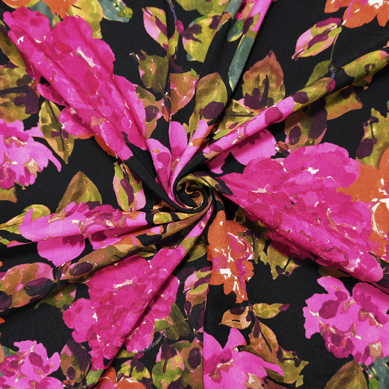 Black-Pink Famous Designer Viscose Floral Crepe Faille Fabric